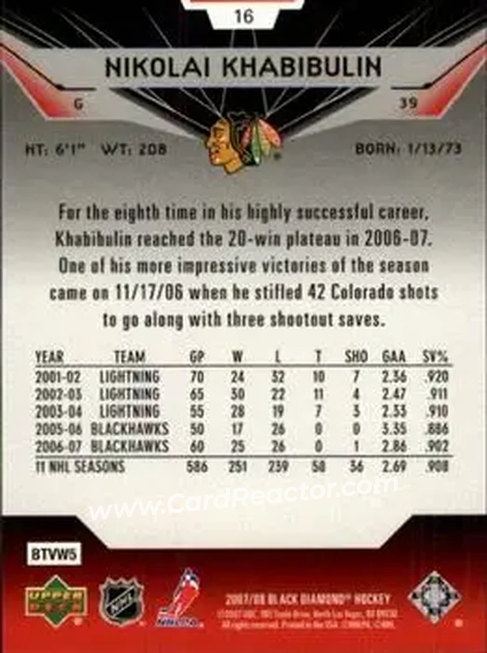 2007-08 Upper Deck Black Diamond #16 - Nikolai Khabibulin - Chicago Blackhawks - Back
