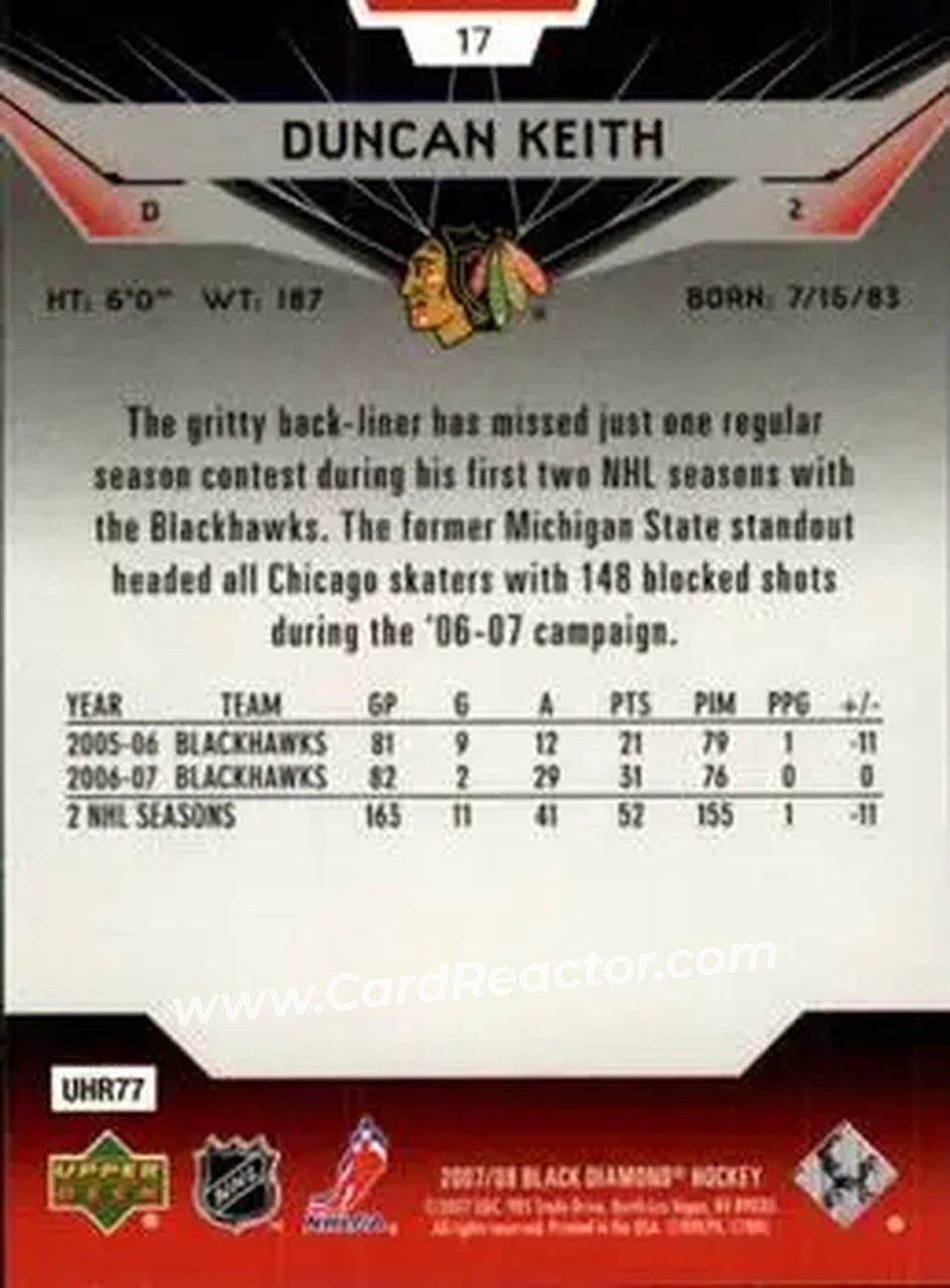 2007-08 Upper Deck Black Diamond #17 - Duncan Keith - Chicago Blackhawks - Back