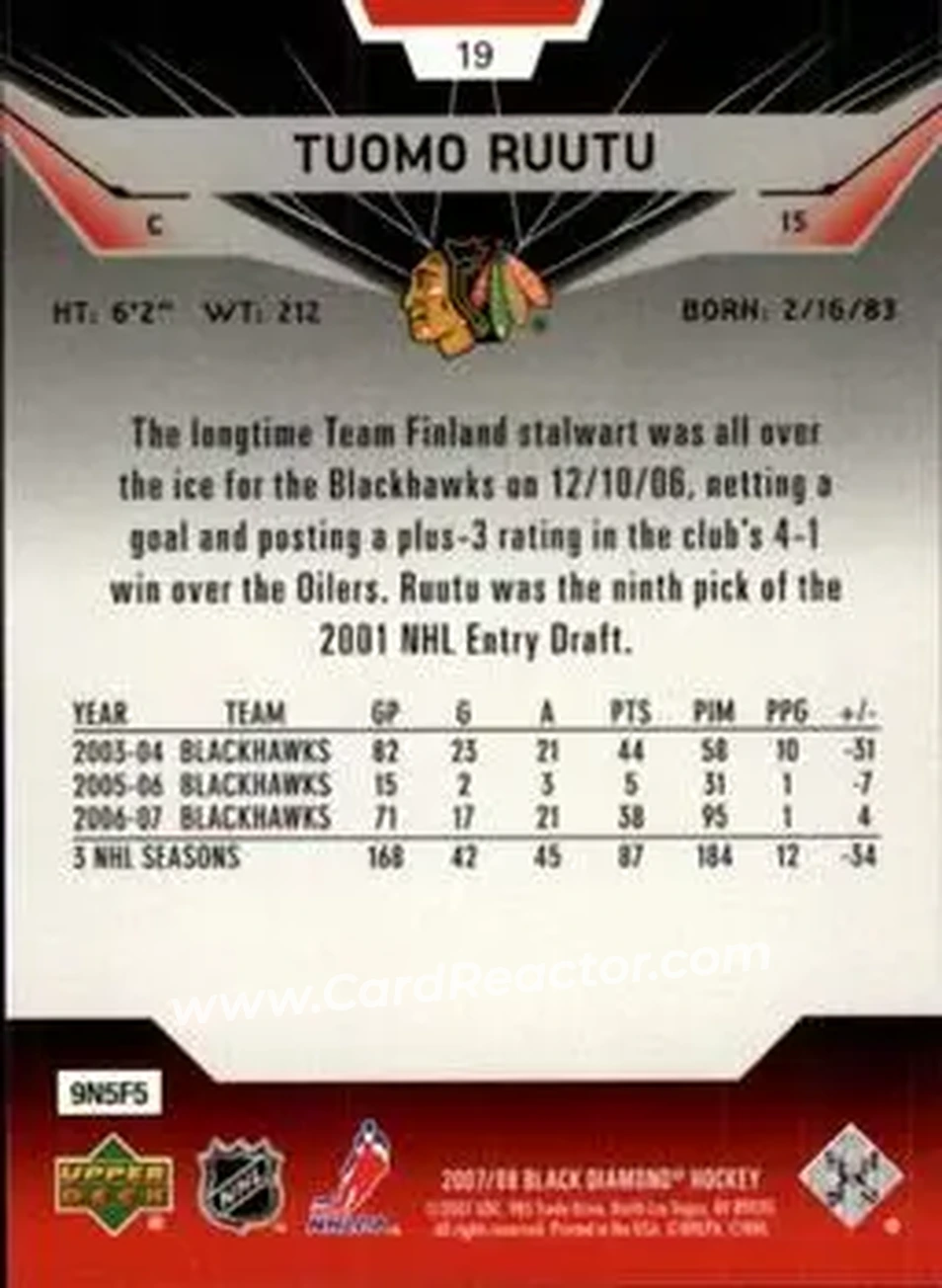 2007-08 Upper Deck Black Diamond #19 - Tuomo Ruutu - Chicago Blackhawks - Back
