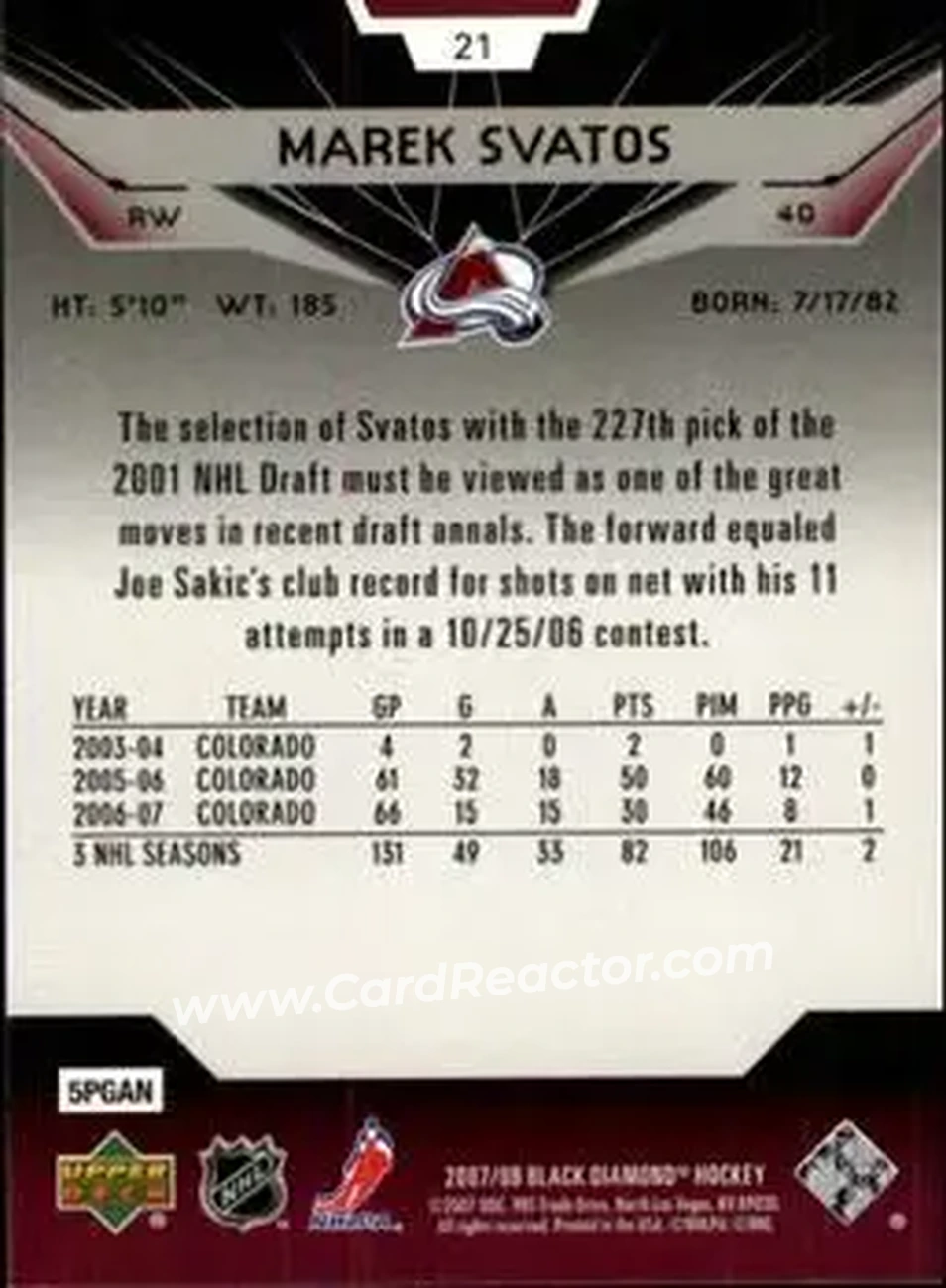 2007-08 Upper Deck Black Diamond #21 - Marek Svatos - Colorado Avalanche - Back 2007-08 Upper Deck Black Diamond #21 - Marek Svatos - Colorado Avalanche - Back