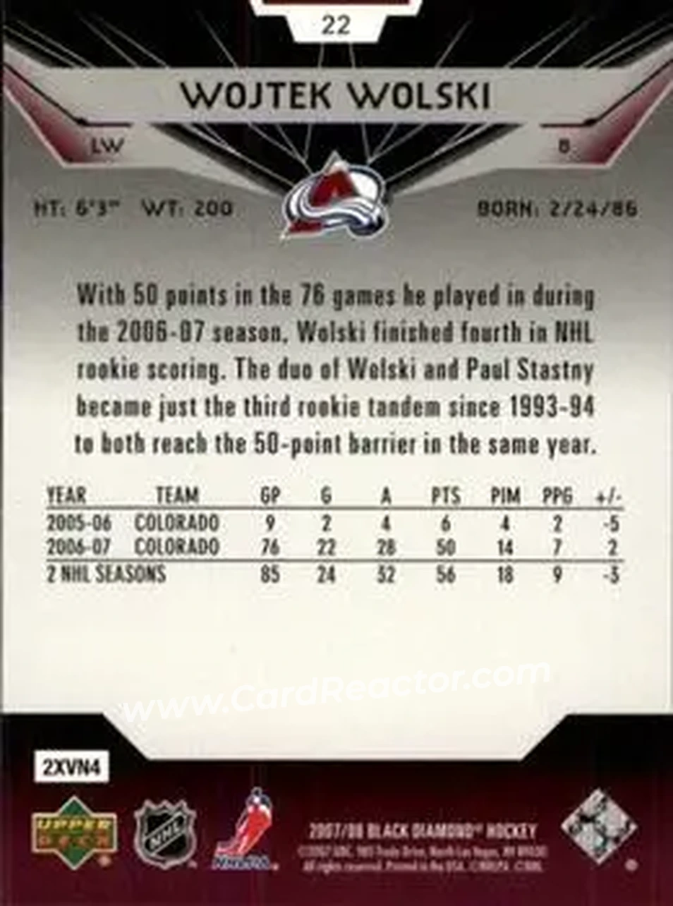 2007-08 Upper Deck Black Diamond #22 - Wojtek Wolski - Colorado Avalanche - Back 2007-08 Upper Deck Black Diamond #22 - Wojtek Wolski - Colorado Avalanche - Back