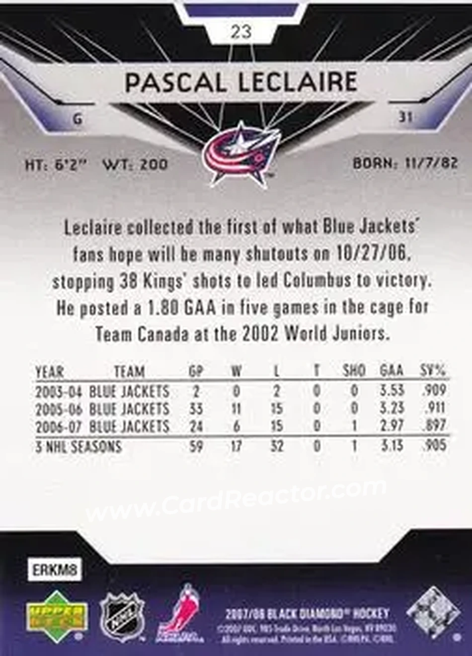 2007-08 Upper Deck Black Diamond #23 - Pascal Leclaire - Columbus Blue Jackets - Back 2007-08 Upper Deck Black Diamond #23 - Pascal Leclaire - Columbus Blue Jackets - Back
