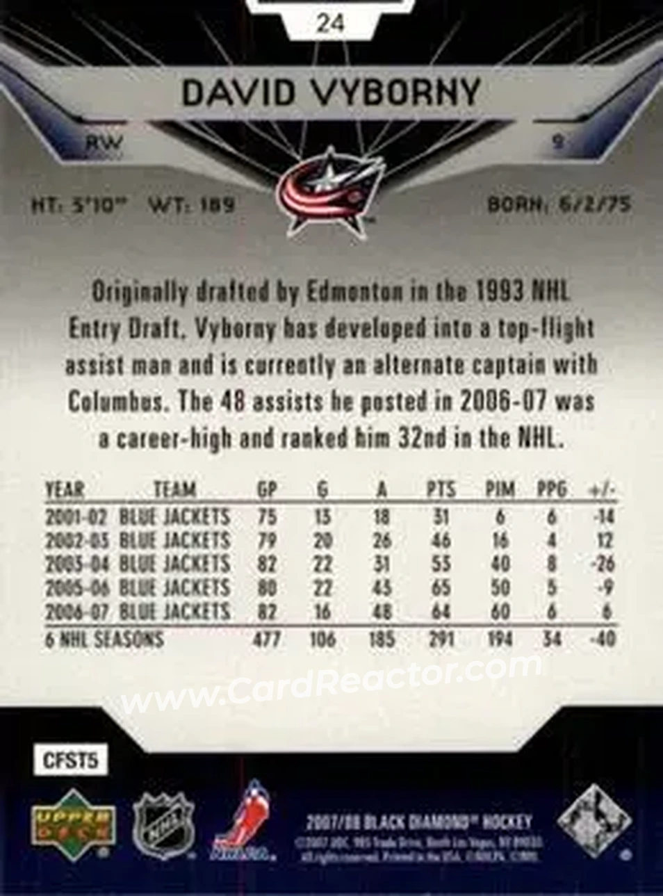 2007-08 Upper Deck Black Diamond #24 - David Vyborny - Columbus Blue Jackets - Back