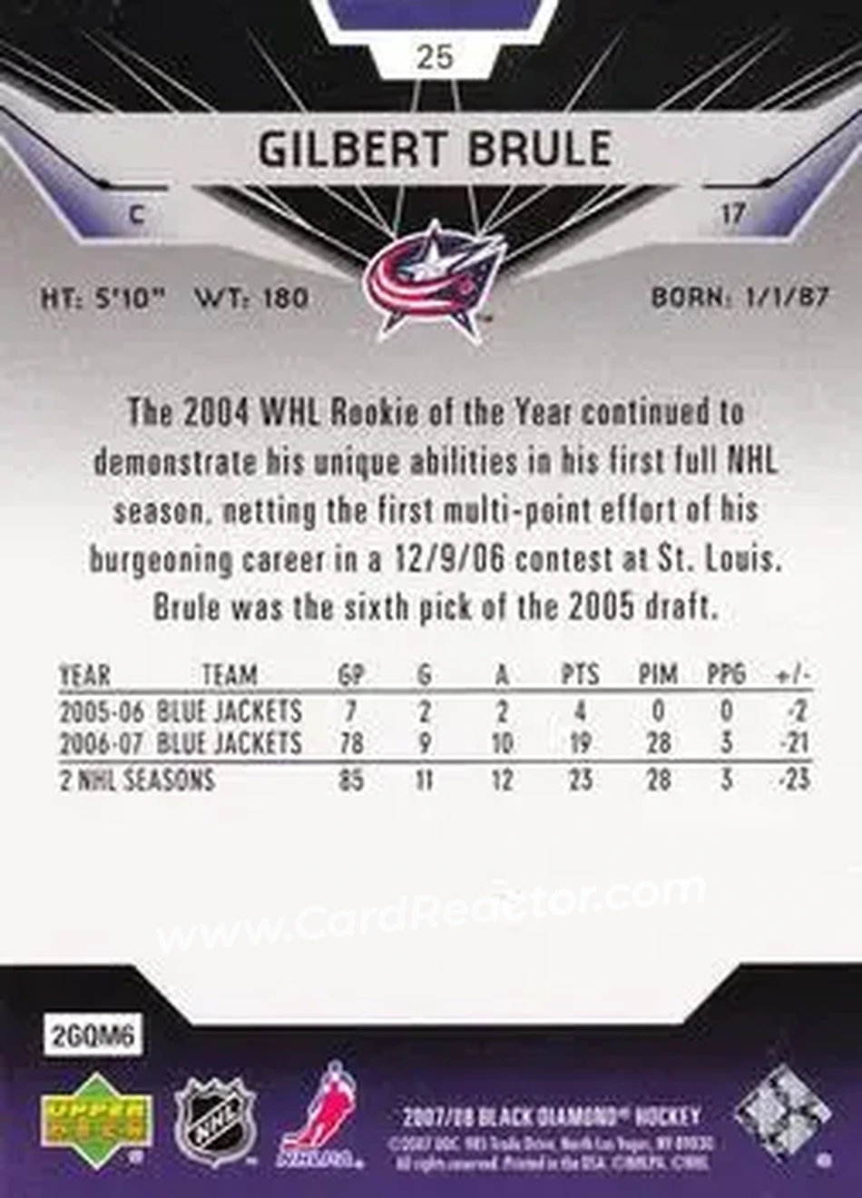 2007-08 Upper Deck Black Diamond #25 - Gilbert Brule - Columbus Blue Jackets - Back