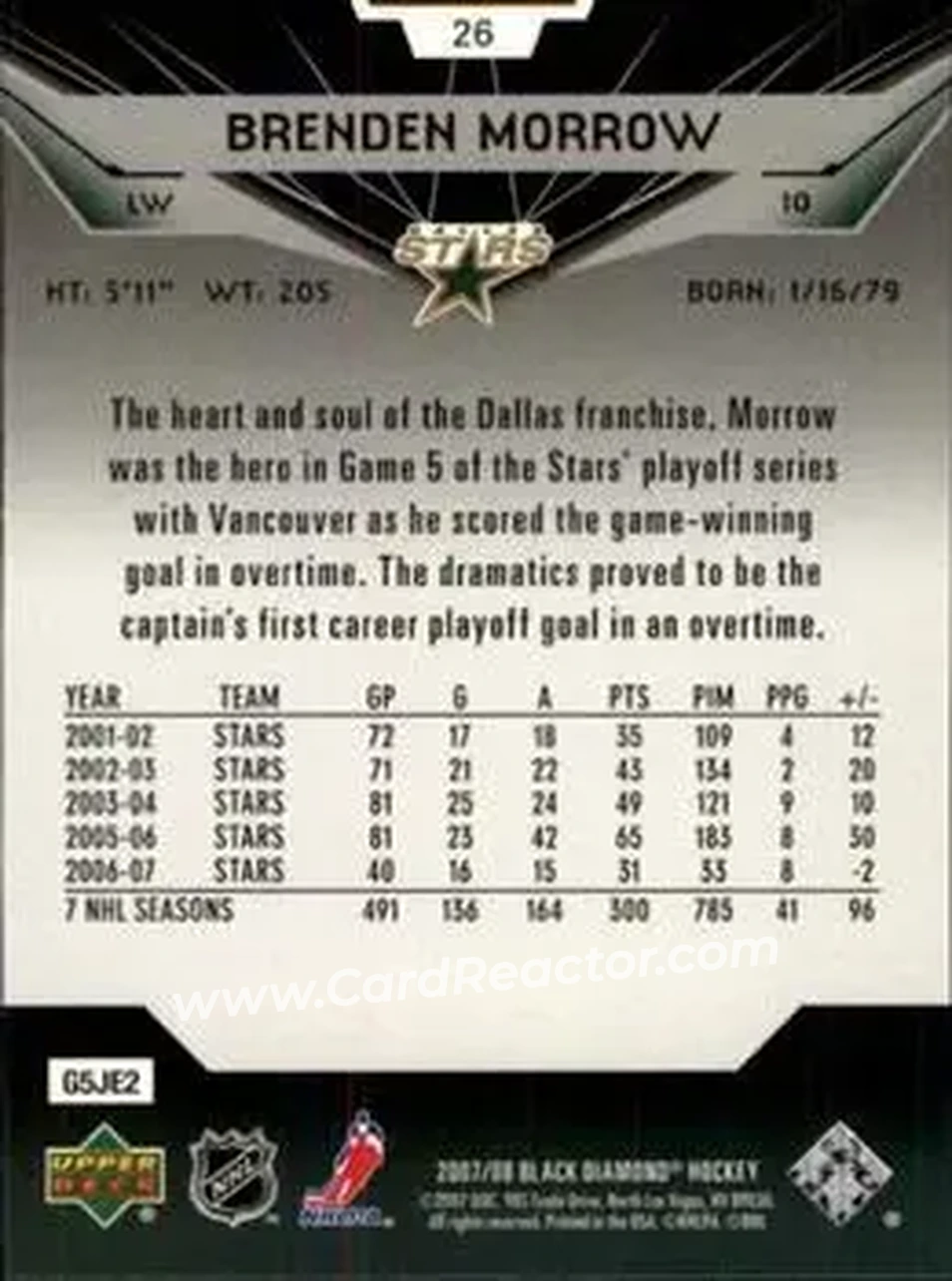 2007-08 Upper Deck Black Diamond #26 - Brenden Morrow - Dallas Stars - Back 2007-08 Upper Deck Black Diamond #26 - Brenden Morrow - Dallas Stars - Back