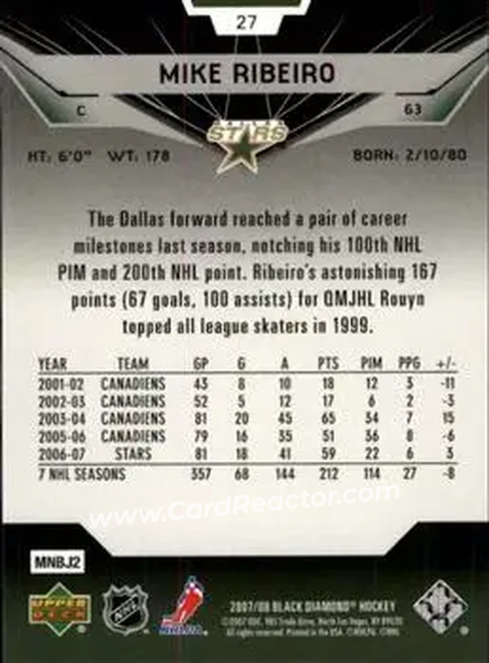 2007-08 Upper Deck Black Diamond #27 - Mike Ribeiro - Dallas Stars - Back 2007-08 Upper Deck Black Diamond #27 - Mike Ribeiro - Dallas Stars - Back