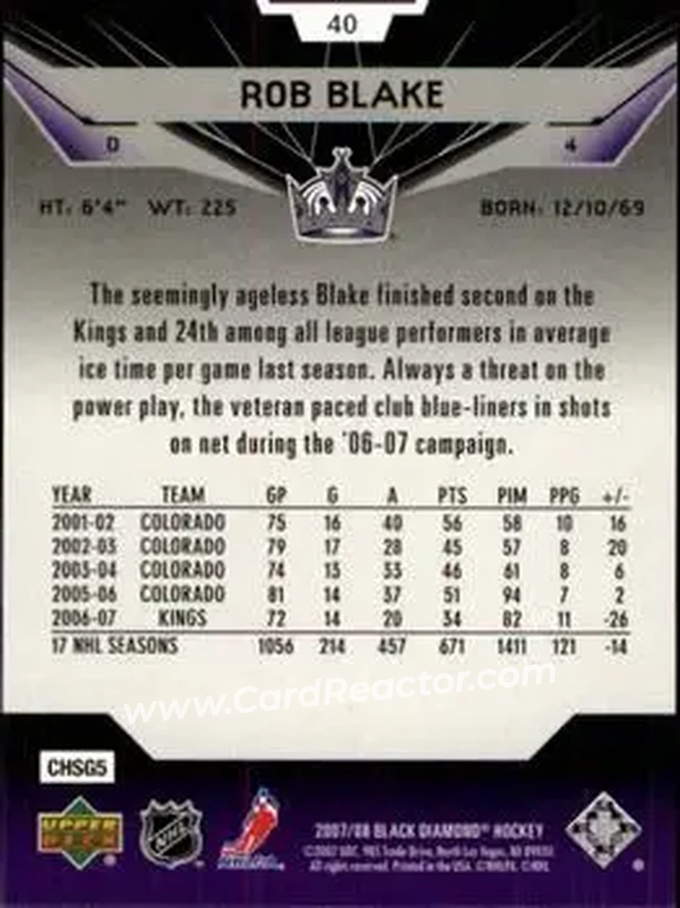 2007-08 Upper Deck Black Diamond #40 - Rob Blake - Los Angeles Kings - Back 2007-08 Upper Deck Black Diamond #40 - Rob Blake - Los Angeles Kings - Back