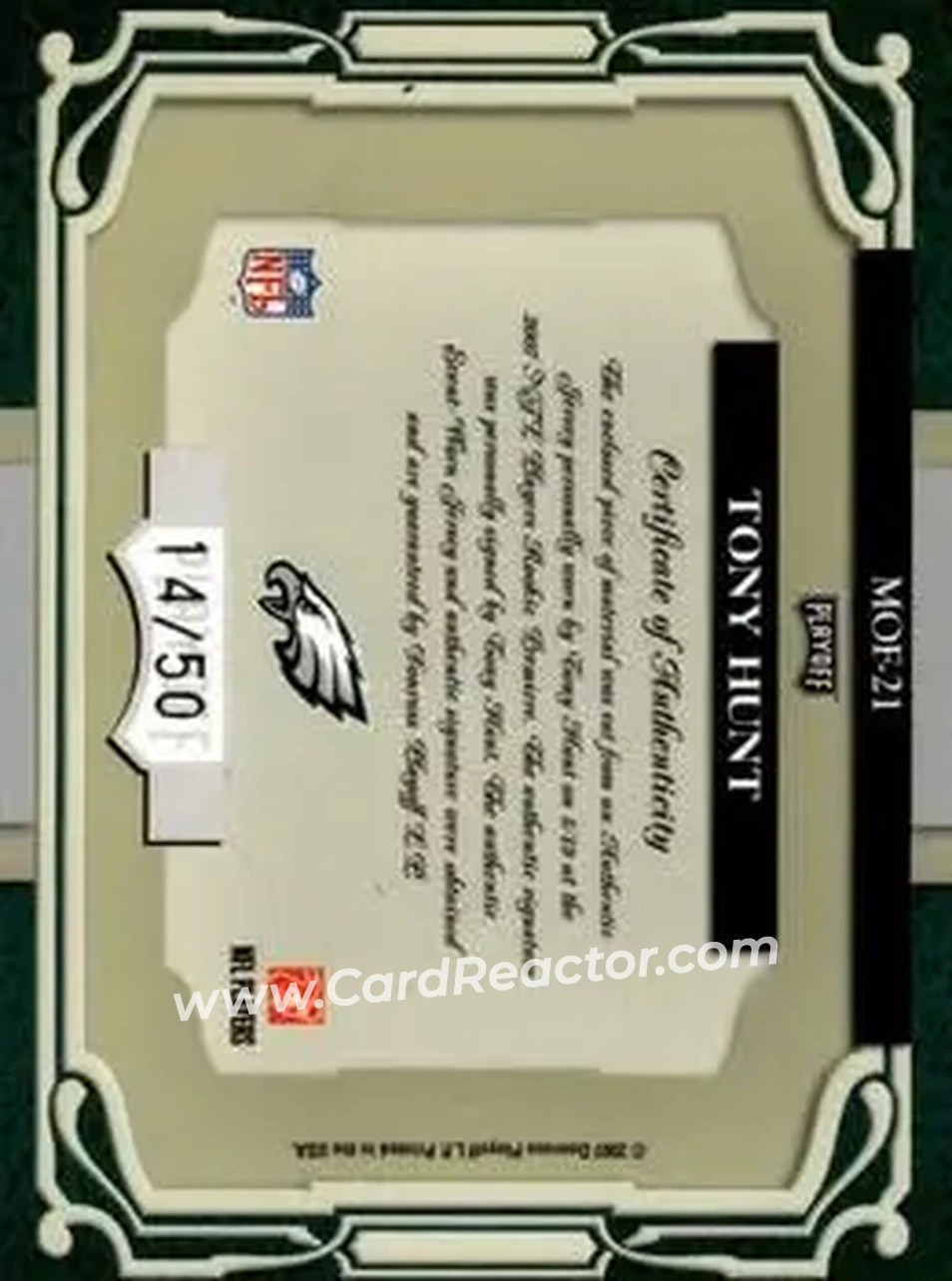 2007 Playoff Absolute Memorabilia - Marks of Fame Materials Autographs #MOF-21 - Tony Hunt - Philadelphia Eagles - Back 2007 Playoff Absolute Memorabilia - Marks of Fame Materials Autographs #MOF-21 - Tony Hunt - Philadelphia Eagles - Back