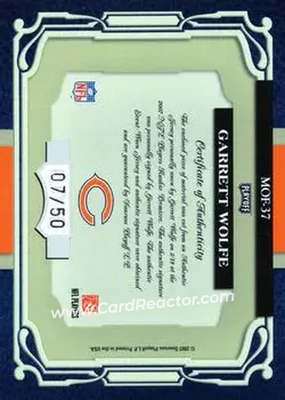 2007 Playoff Absolute Memorabilia - Marks of Fame Materials Autographs #MOF-37 - Garrett Wolfe - Chicago Bears - Back