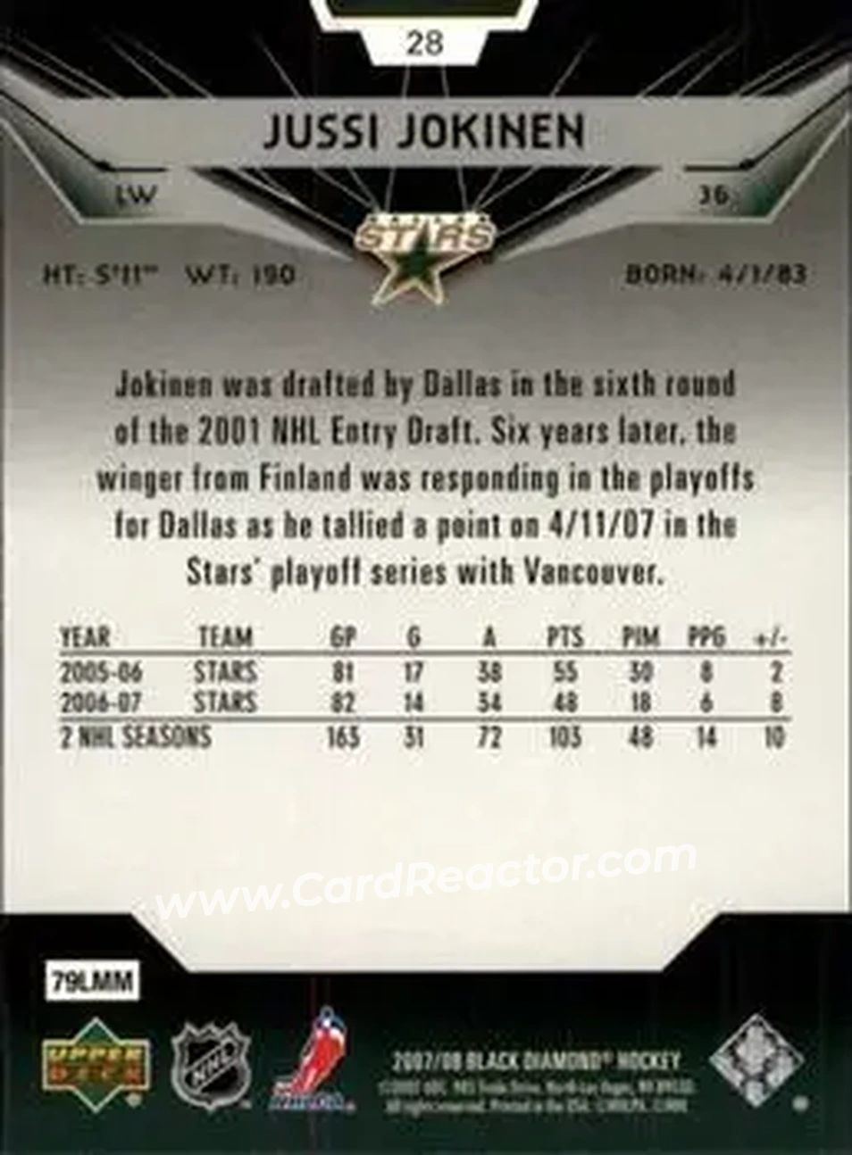 2007-08 Upper Deck Black Diamond #28 - Jussi Jokinen - Dallas Stars - Back 2007-08 Upper Deck Black Diamond #28 - Jussi Jokinen - Dallas Stars - Back