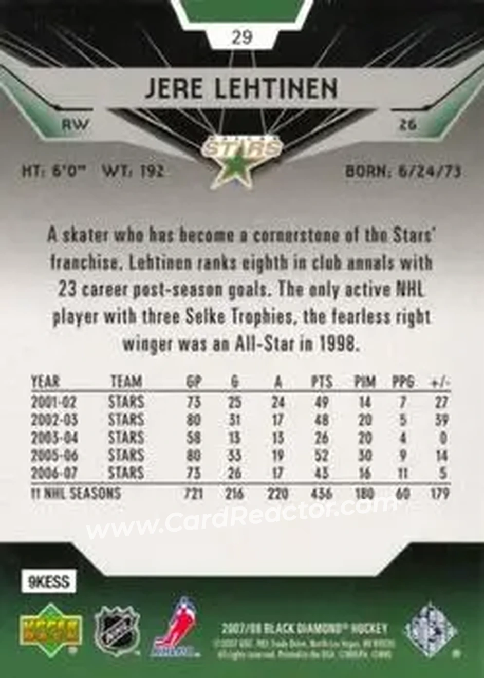 2007-08 Upper Deck Black Diamond #29 - Jere Lehtinen - Dallas Stars - Back