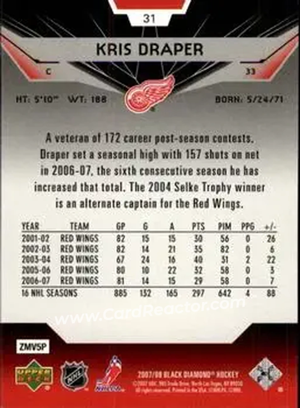 2007-08 Upper Deck Black Diamond #31 - Kris Draper - Detroit Red Wings - Back