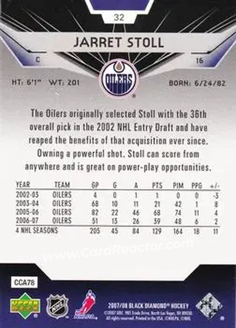 2007-08 Upper Deck Black Diamond #32 - Jarret Stoll - Edmonton Oilers - Back