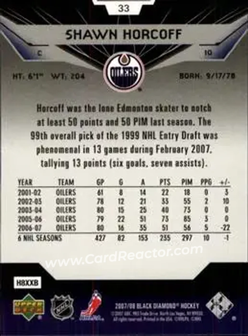 2007-08 Upper Deck Black Diamond #33 - Shawn Horcoff - Edmonton Oilers - Back 2007-08 Upper Deck Black Diamond #33 - Shawn Horcoff - Edmonton Oilers - Back