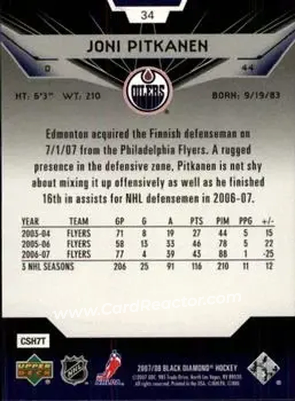 2007-08 Upper Deck Black Diamond #34 - Joni Pitkanen - Edmonton Oilers - Back 2007-08 Upper Deck Black Diamond #34 - Joni Pitkanen - Edmonton Oilers - Back