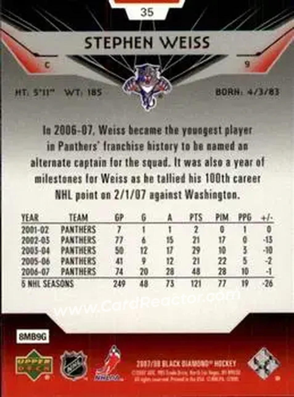 2007-08 Upper Deck Black Diamond #35 - Stephen Weiss - Florida Panthers - Back