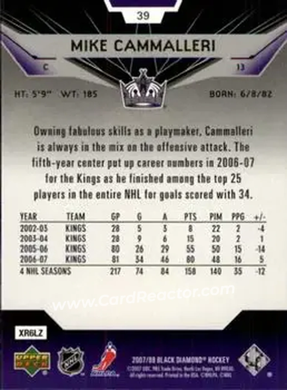 2007-08 Upper Deck Black Diamond #39 - Michael Cammalleri - Los Angeles Kings - Back