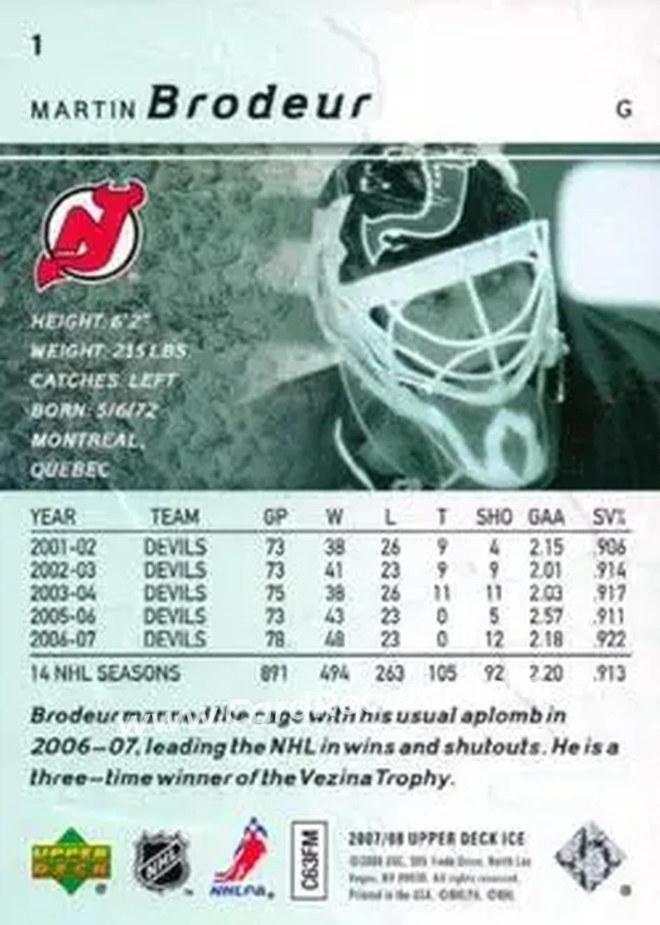 2007-08 Upper Deck Ice #1 - Martin Brodeur - New Jersey Devils - Back 2007-08 Upper Deck Ice #1 - Martin Brodeur - New Jersey Devils - Back