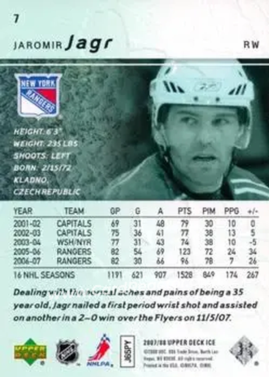 2007-08 Upper Deck Ice #7 - Jaromir Jagr - New York Rangers - Back