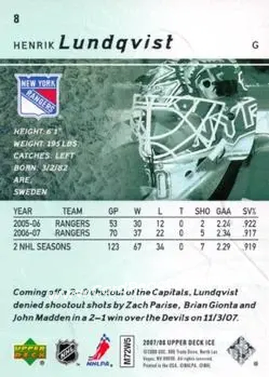 2007-08 Upper Deck Ice #8 - Henrik Lundqvist - New York Rangers - Back