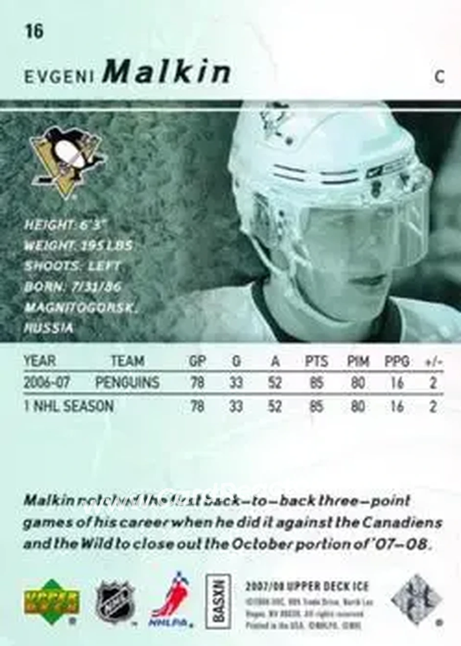 2007-08 Upper Deck Ice #16 - Evgeni Malkin - Pittsburgh Penguins - Back 2007-08 Upper Deck Ice #16 - Evgeni Malkin - Pittsburgh Penguins - Back