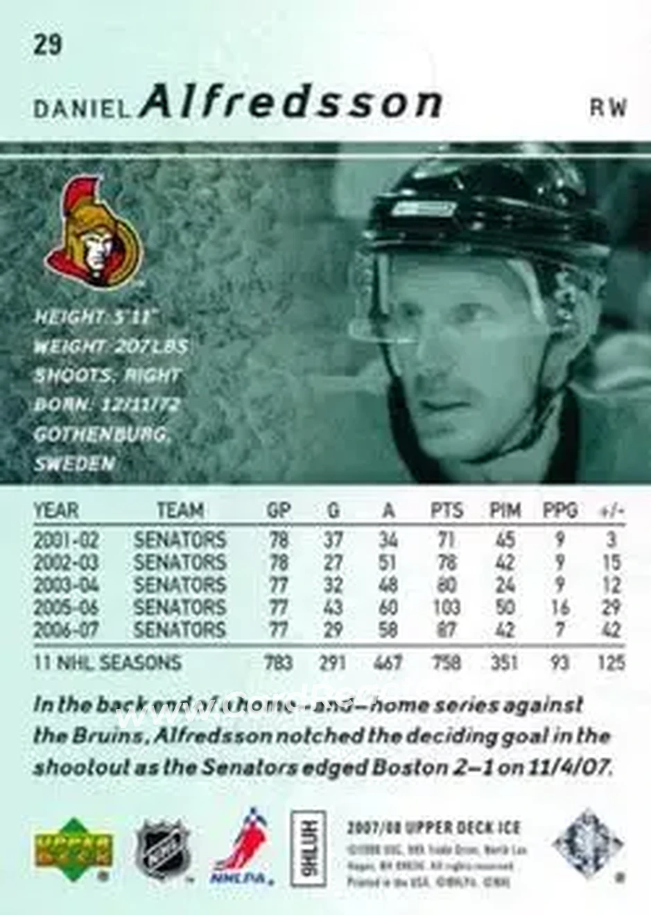 2007-08 Upper Deck Ice #29 - Daniel Alfredsson - Ottawa Senators - Back