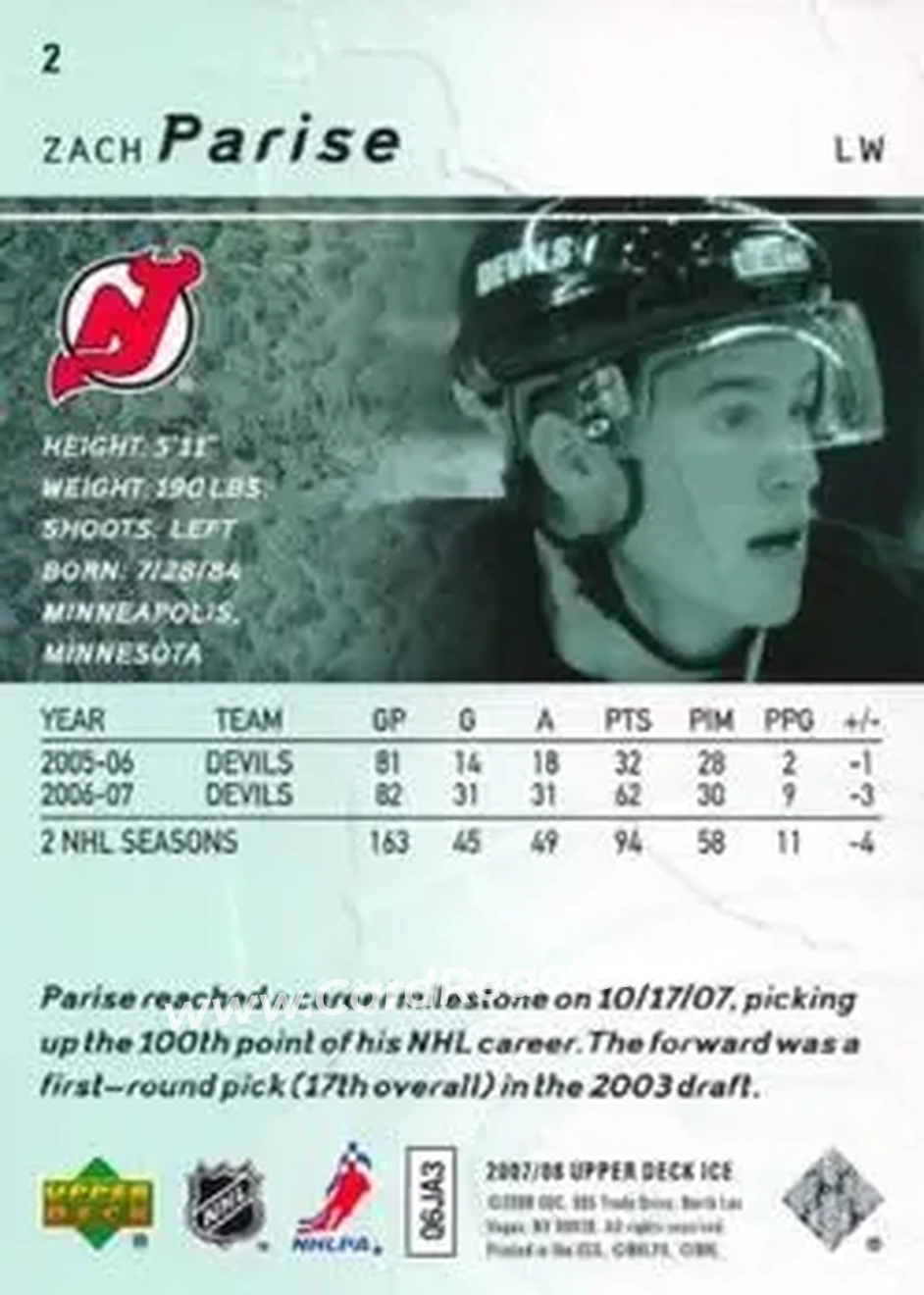 2007-08 Upper Deck Ice #2 - Zach Parise - New Jersey Devils - Back