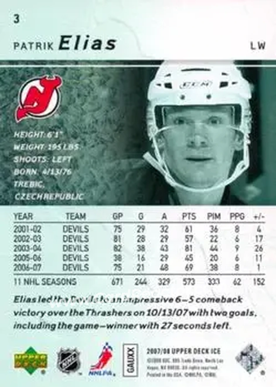2007-08 Upper Deck Ice #3 - Patrik Elias - New Jersey Devils - Back