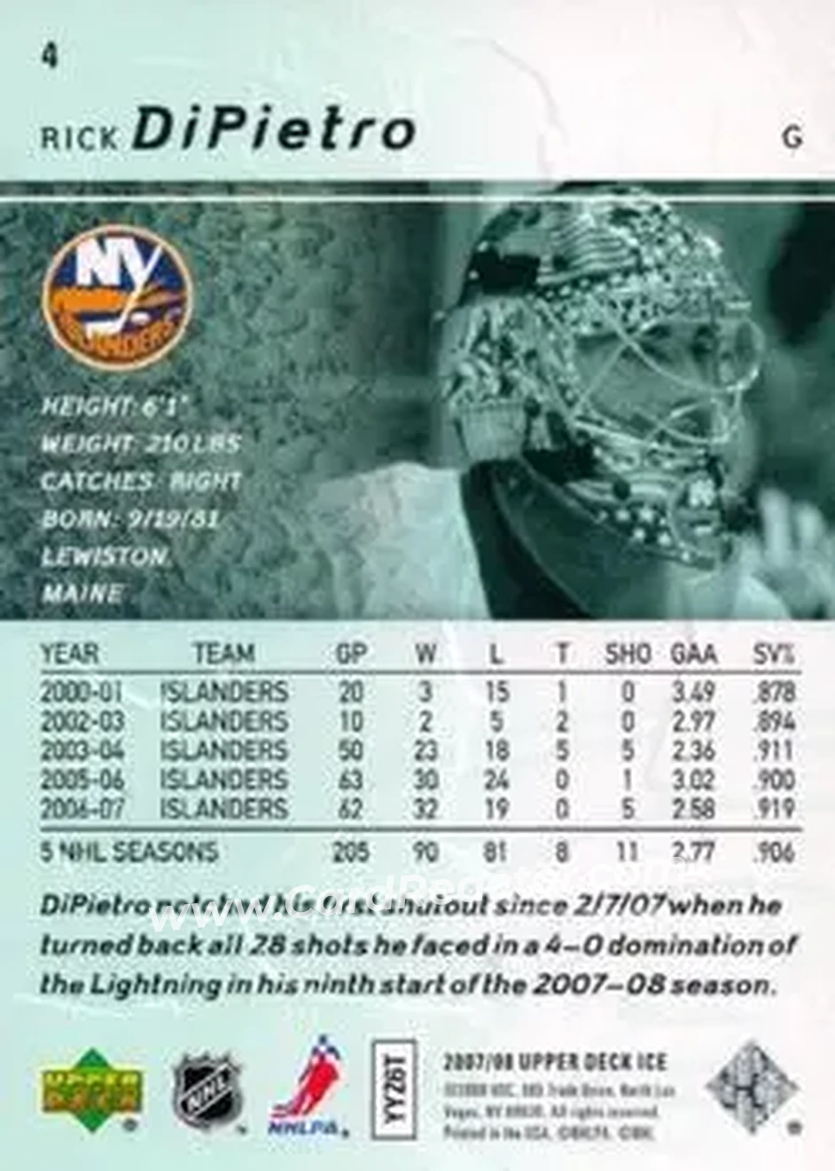 2007-08 Upper Deck Ice #4 - Rick DiPietro - New York Islanders - Back