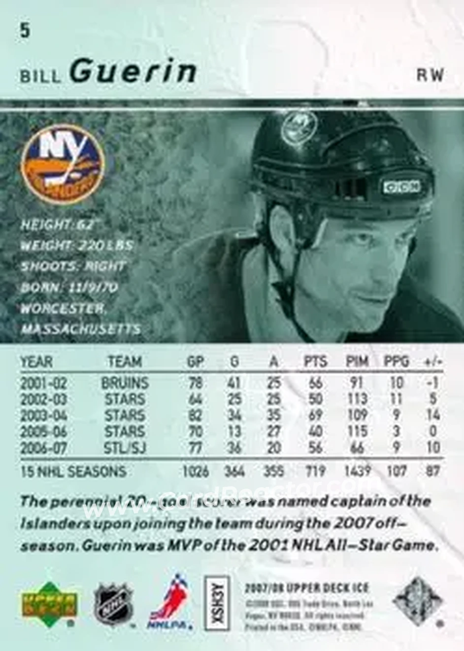 2007-08 Upper Deck Ice #5 - Bill Guerin - New York Islanders - Back