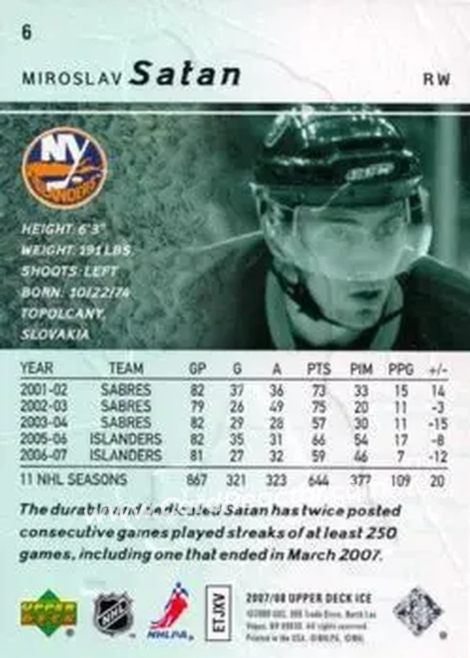 2007-08 Upper Deck Ice #6 - Miroslav Satan - New York Islanders - Back
