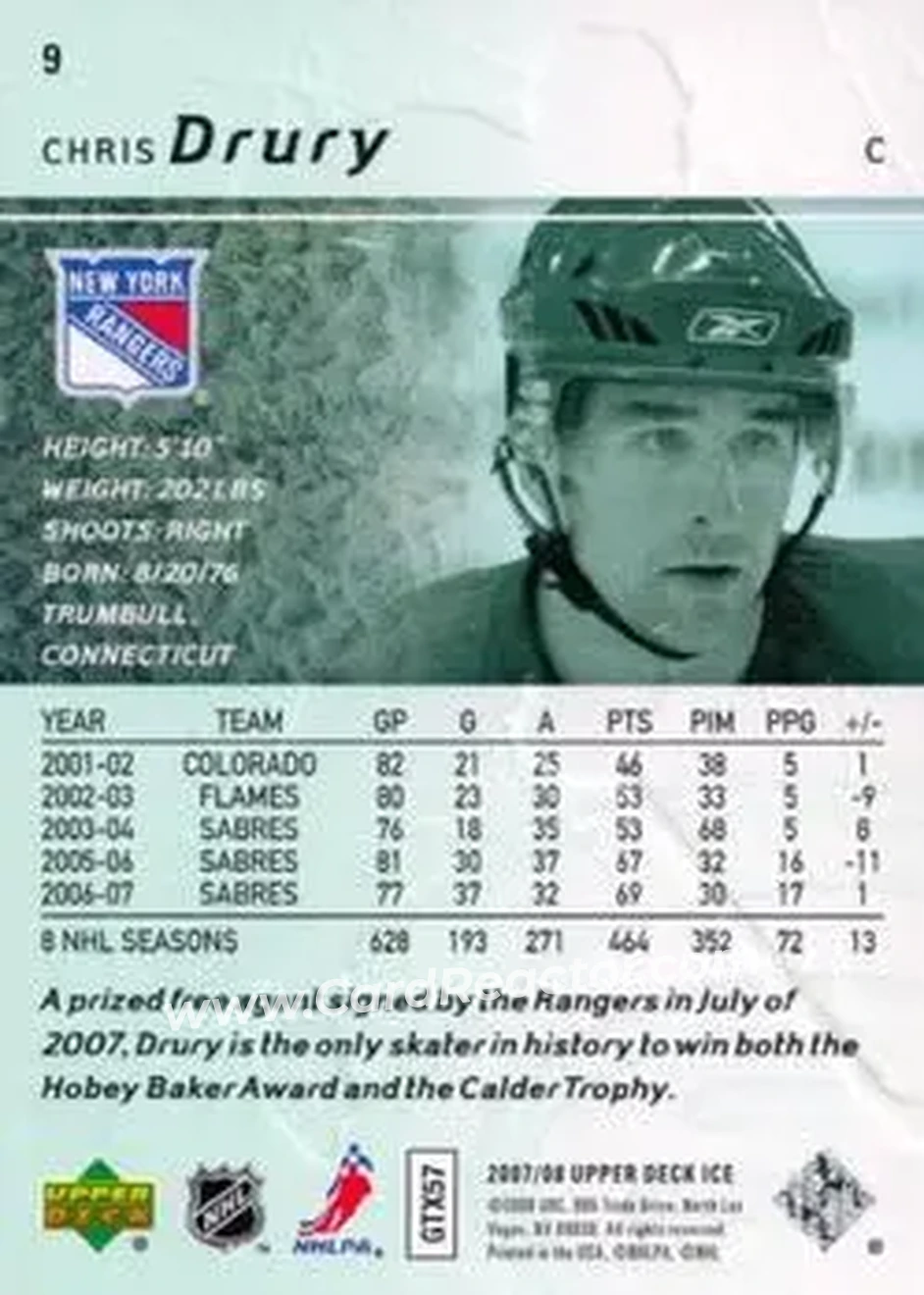 2007-08 Upper Deck Ice #9 - Chris Drury - New York Rangers - Back