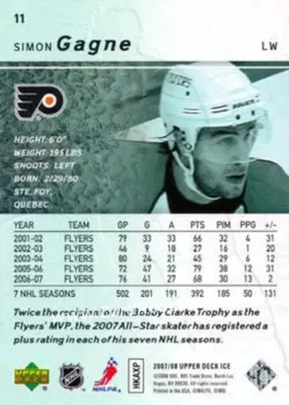 2007-08 Upper Deck Ice #11 - Simon Gagne - Philadelphia Flyers - Back