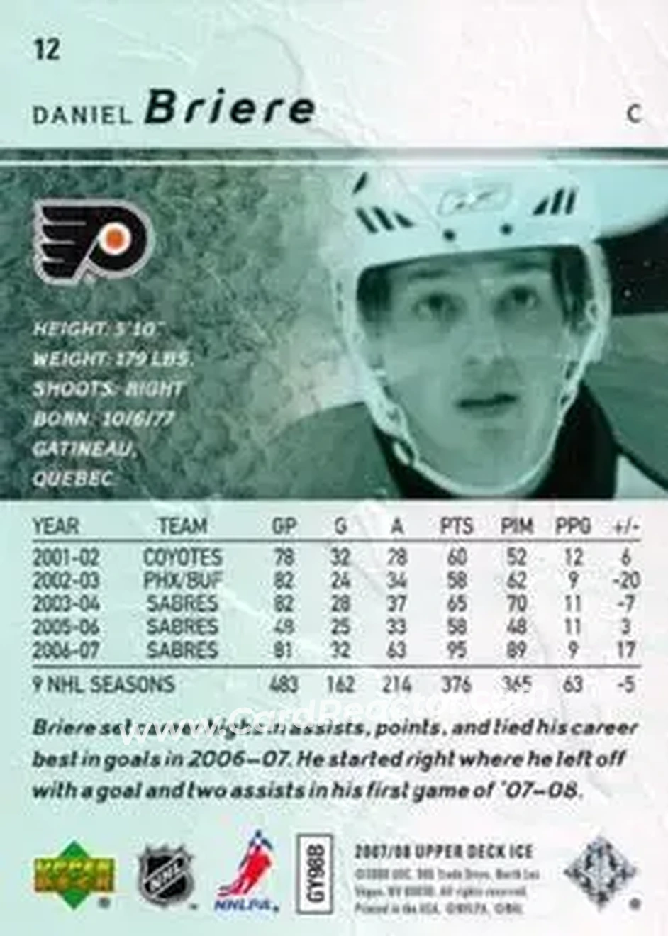 2007-08 Upper Deck Ice #12 - Daniel Briere - Philadelphia Flyers - Back