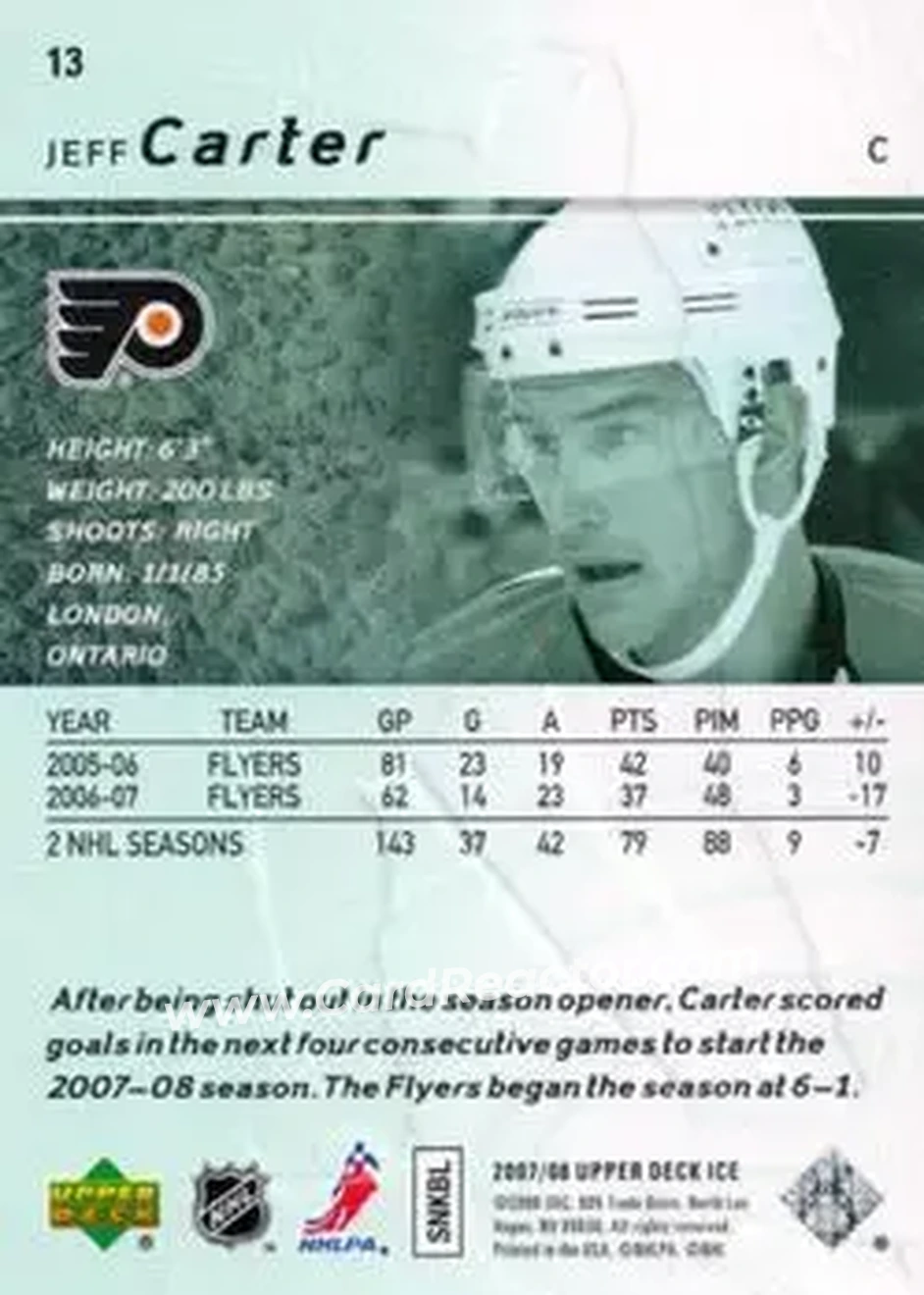 2007-08 Upper Deck Ice #13 - Jeff Carter - Philadelphia Flyers - Back
