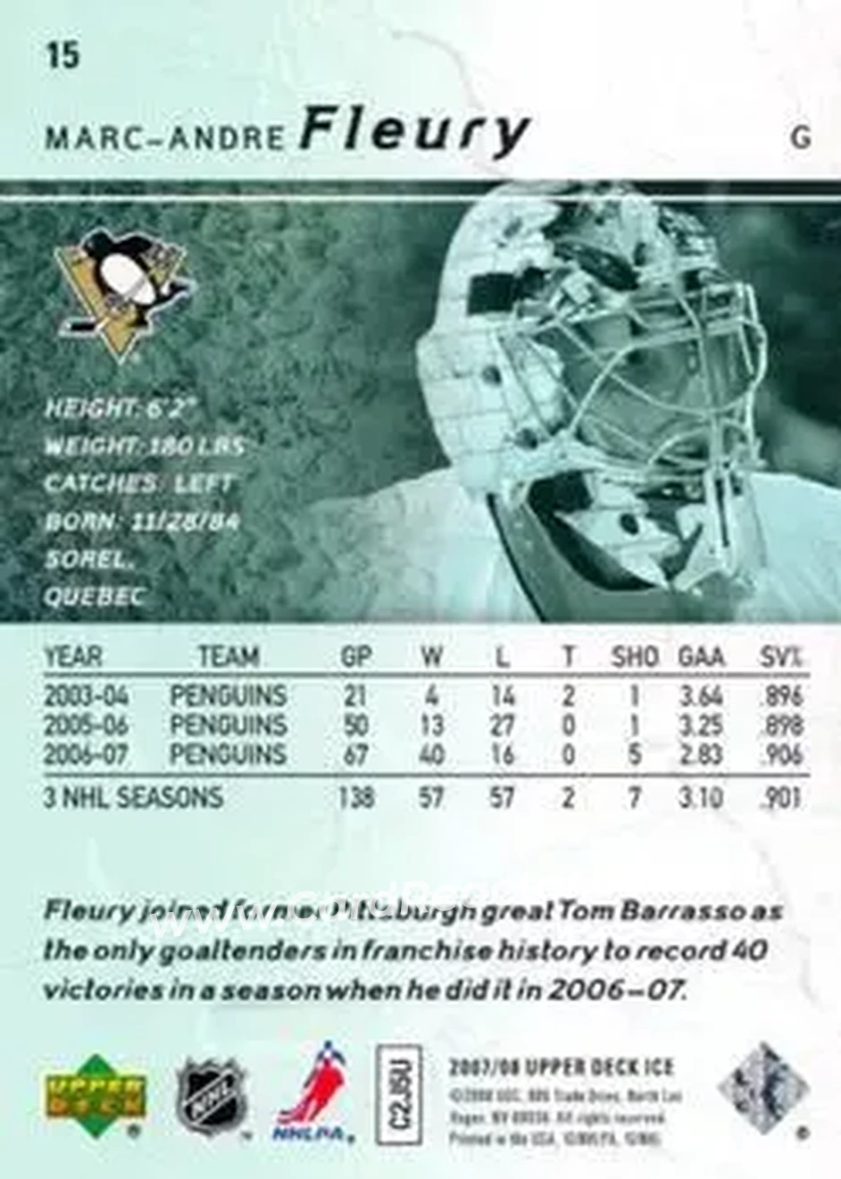 2007-08 Upper Deck Ice #15 - Marc-Andre Fleury - Pittsburgh Penguins - Back