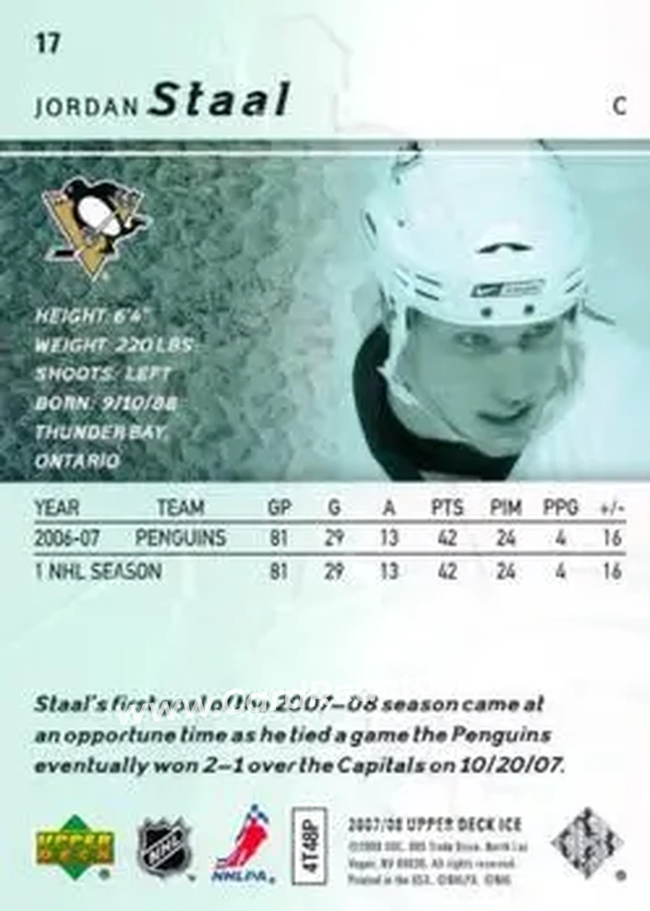 2007-08 Upper Deck Ice #17 - Jordan Staal - Pittsburgh Penguins - Back