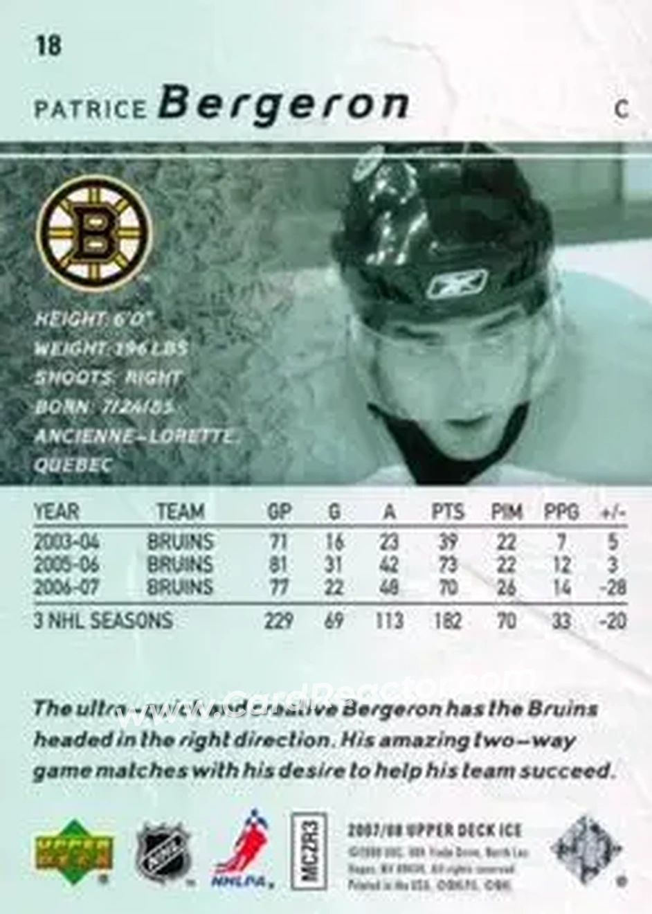 2007-08 Upper Deck Ice #18 - Patrice Bergeron - Boston Bruins - Back