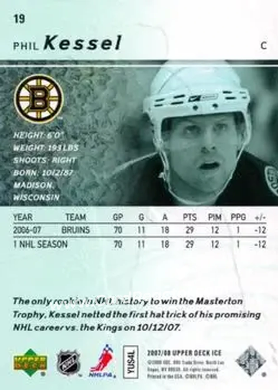 2007-08 Upper Deck Ice #19 - Phil Kessel - Boston Bruins - Back