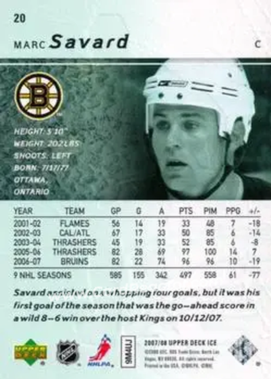 2007-08 Upper Deck Ice #20 - Marc Savard - Boston Bruins - Back