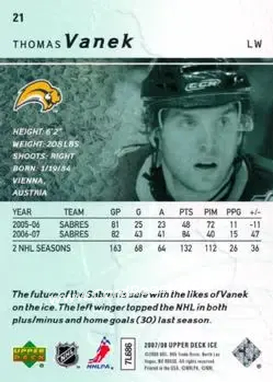 2007-08 Upper Deck Ice #21 - Thomas Vanek - Buffalo Sabres - Back