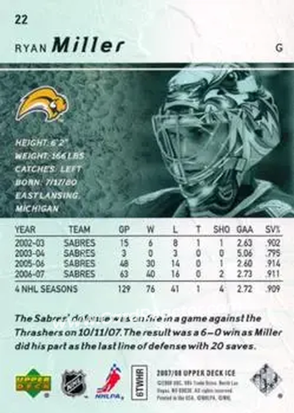 2007-08 Upper Deck Ice #22 - Ryan Miller - Buffalo Sabres - Back