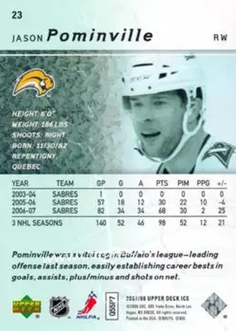 2007-08 Upper Deck Ice #23 - Jason Pominville - Buffalo Sabres - Back