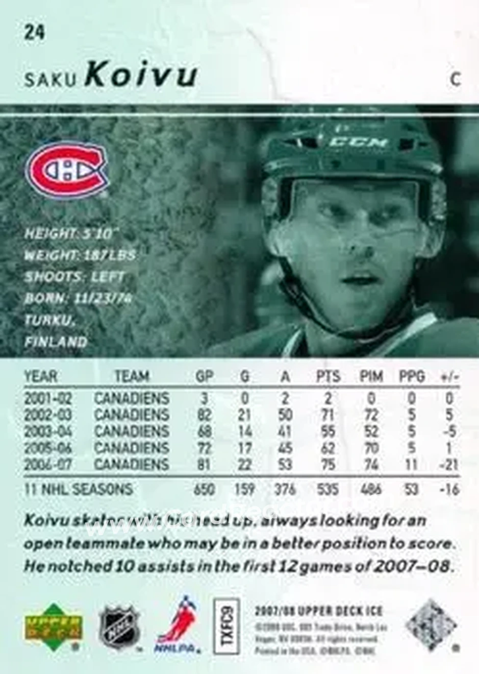 2007-08 Upper Deck Ice #24 - Saku Koivu - Montreal Canadiens - Back