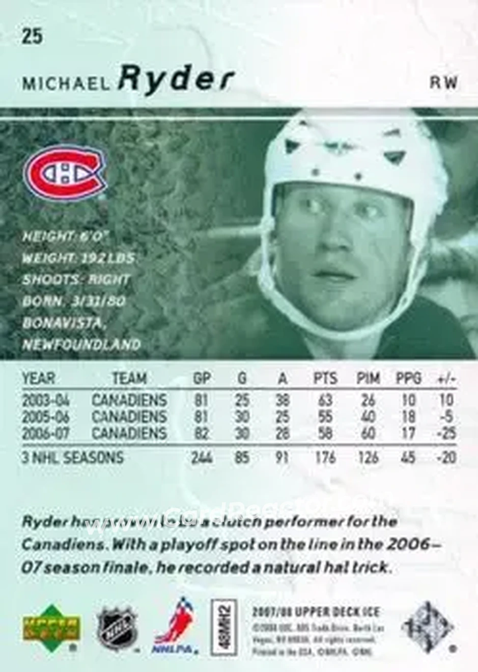2007-08 Upper Deck Ice #25 - Michael Ryder - Montreal Canadiens - Back