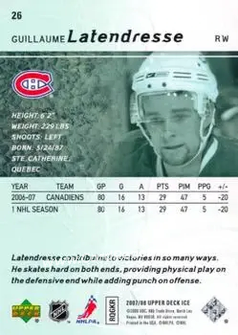 2007-08 Upper Deck Ice #26 - Guillaume Latendresse - Montreal Canadiens - Back 2007-08 Upper Deck Ice #26 - Guillaume Latendresse - Montreal Canadiens - Back