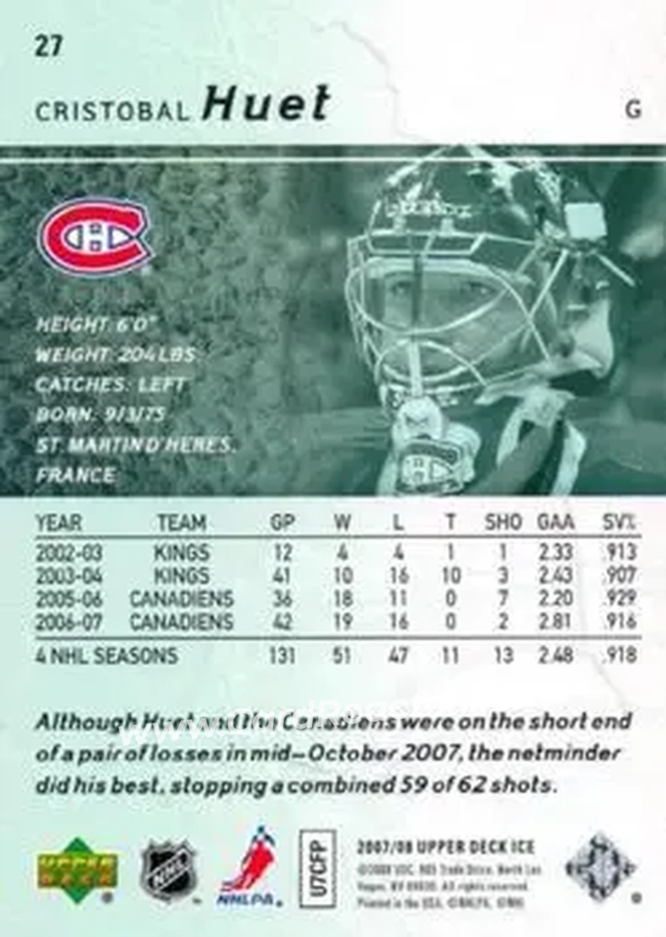 2007-08 Upper Deck Ice #27 - Cristobal Huet - Montreal Canadiens - Back
