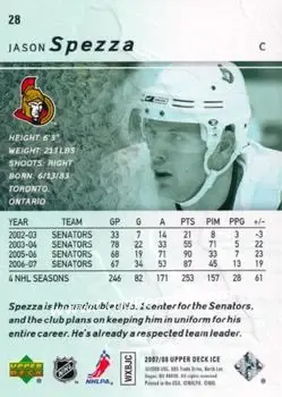 2007-08 Upper Deck Ice #28 - Jason Spezza - Ottawa Senators - Back