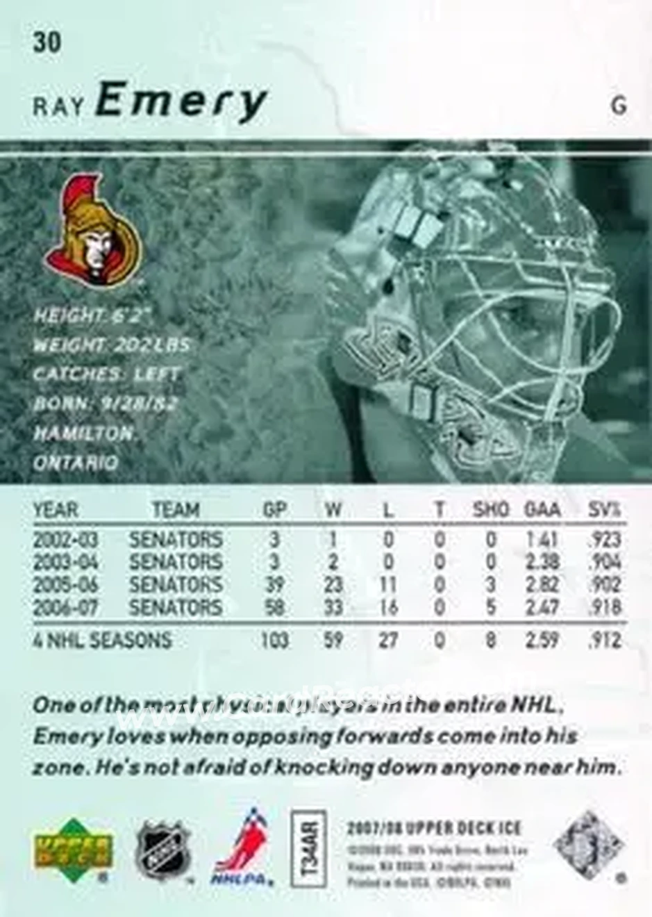 2007-08 Upper Deck Ice #30 - Ray Emery - Ottawa Senators - Back