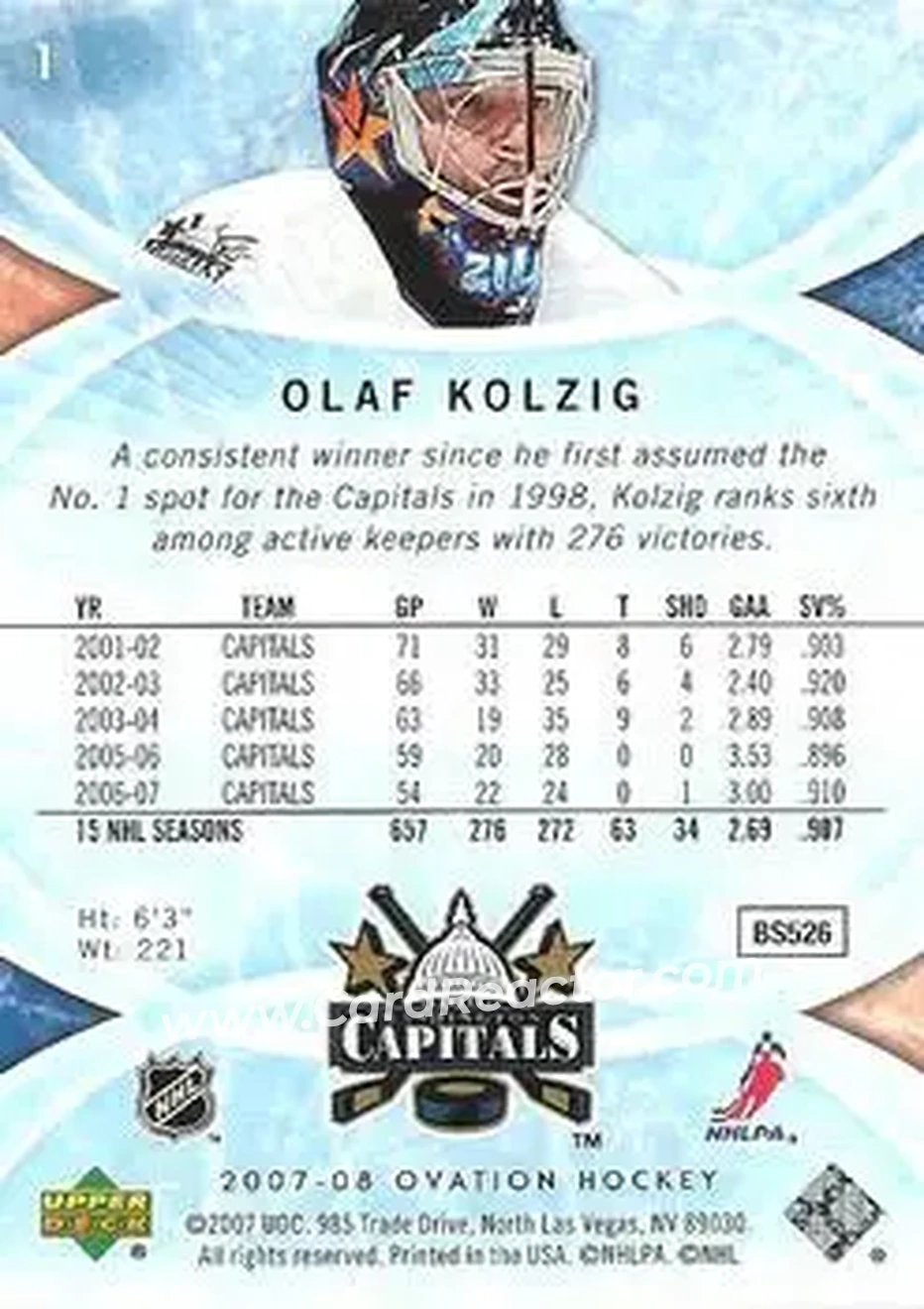 2007-08 Upper Deck Ovation #1 - Olaf Kolzig - Washington Capitals - Back